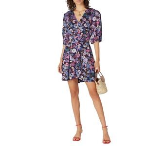 Tanya Taylor Nat Floral Print‎ Silk V Neck Dress Size 6 Navy Pink Purple